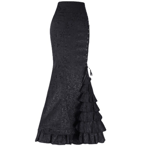 Gothic Dark Style Half-Skirted Floral Print Long Dress for Girls, Subculture Bandage Bustier Fish Tail Skirt