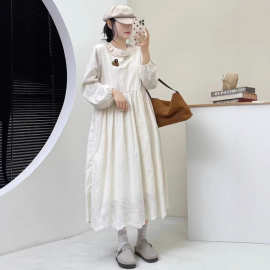 日系森系双层领加绒提花棉连衣裙秋冬新款宽松百搭减龄系带打底裙