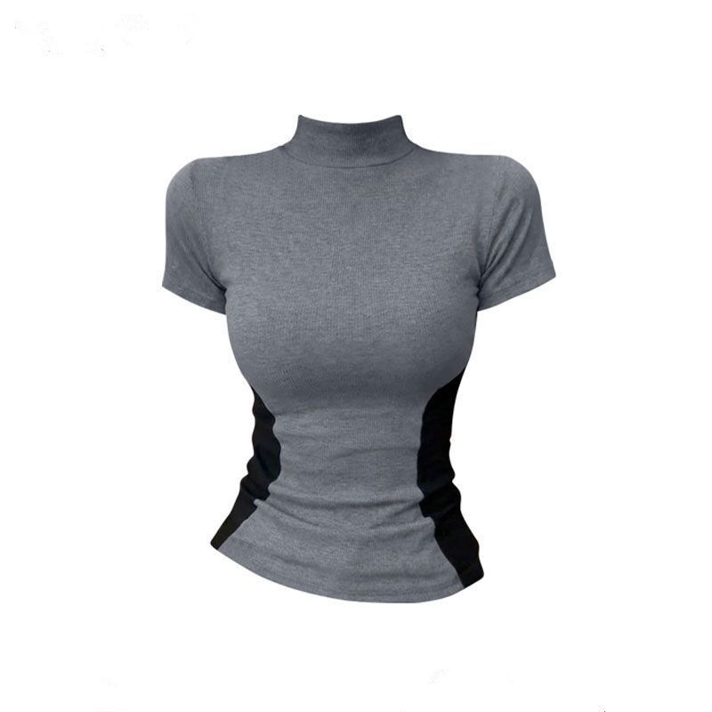 Color-Blocked Half-High Collar V-Neck Short-Sleeve Women's T-Shirt, Summer 2026 New Style, Slim-Fit Color-Blocking Base Design Top, Trendy