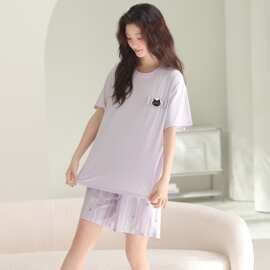 夏季新款莫棉女短袖短裤套头睡衣卡通休闲女家居服图片色莫代尔