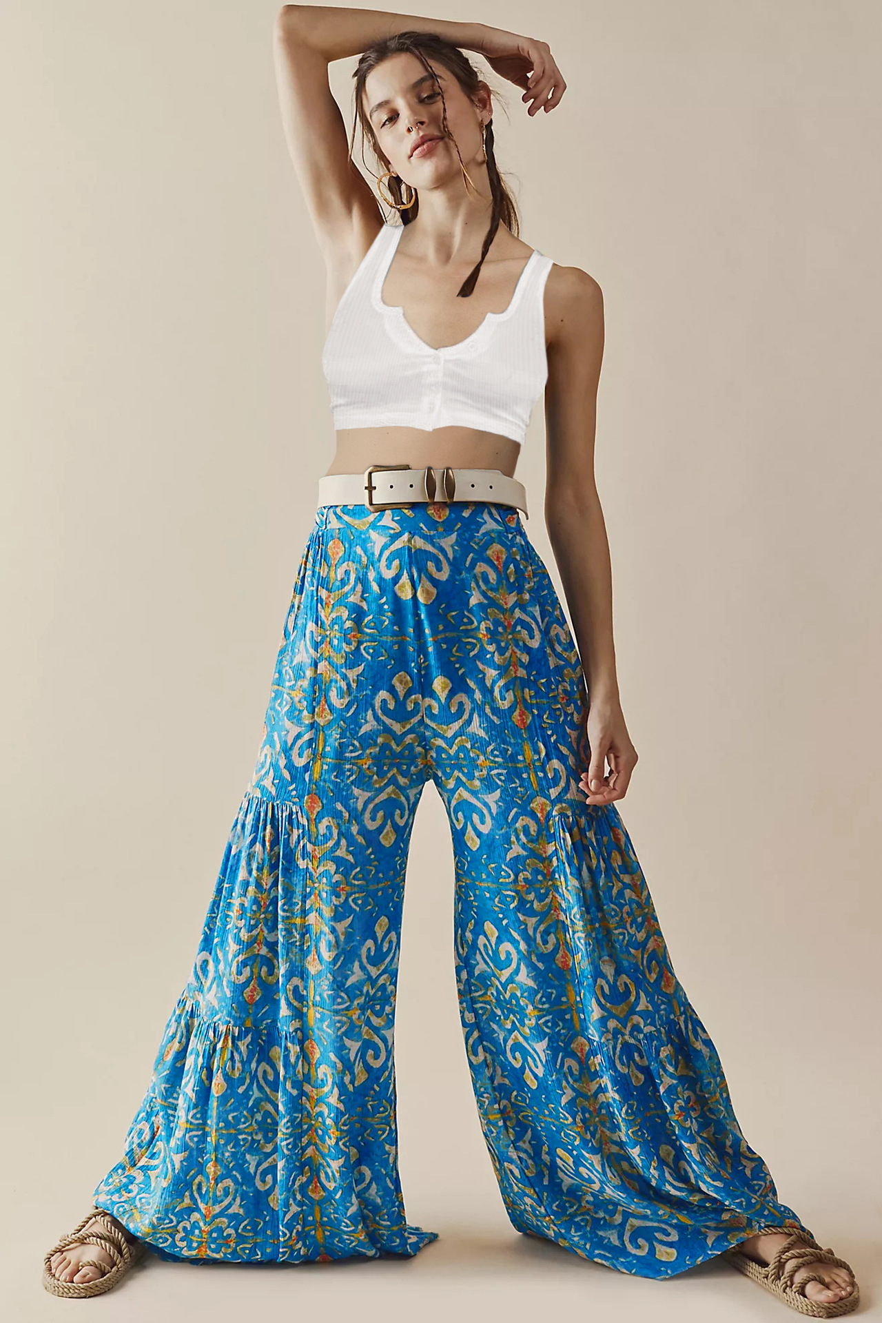 Floral Printing high waist Strap Belt Wide Leg bell-bottoms NSMID128651