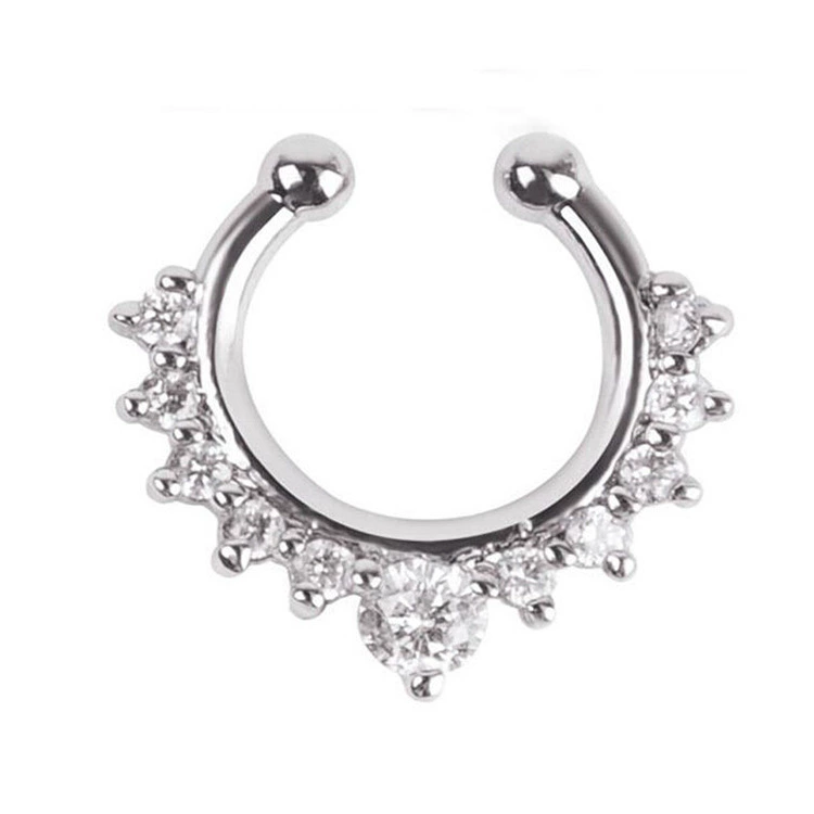 Metal nose clip piercing, alloy with rhinestones, 17×15 mm, lightweight 1,2 g