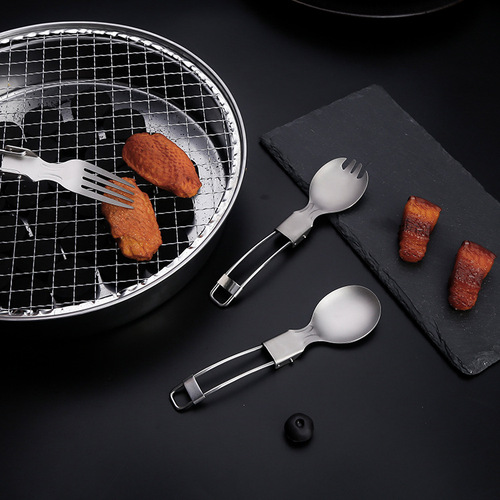 Pure titanium folding spoon outdoor camping home salad fork titanium alloy fork picnic folding tableware three-piece set