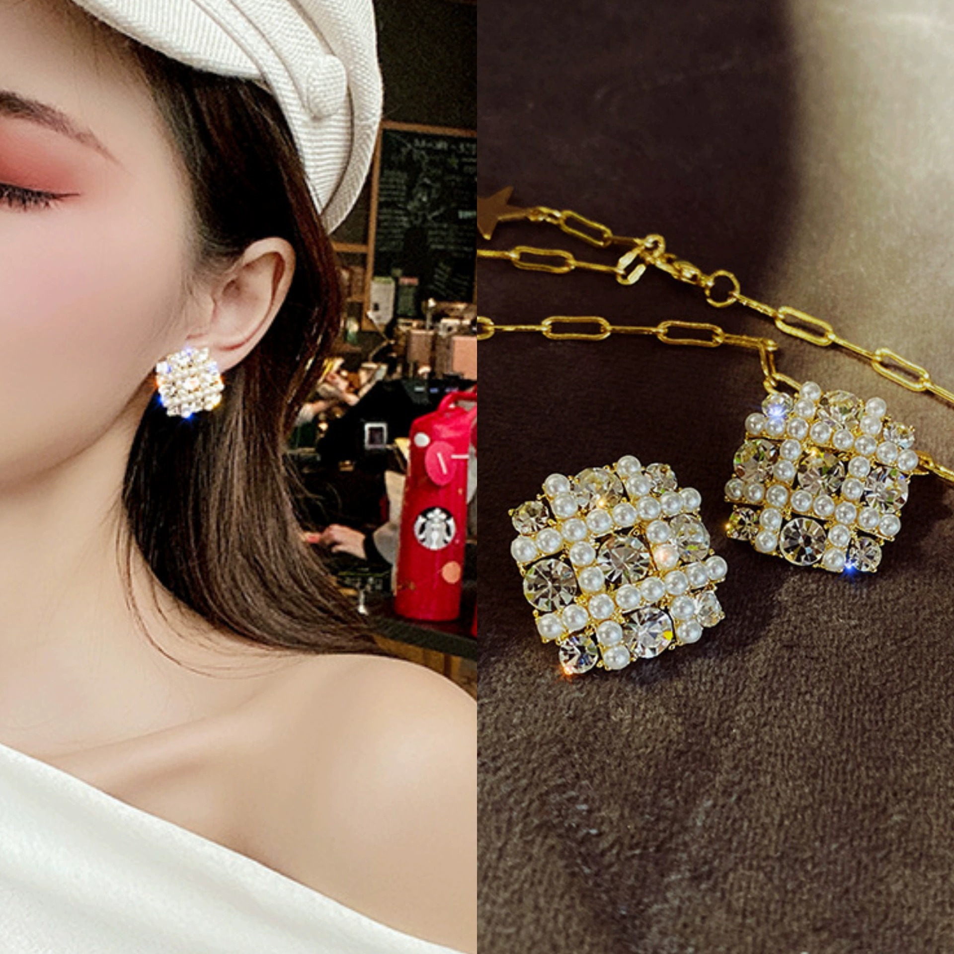 Universal earrings from pearl, light luxury style, diamond encrusted
