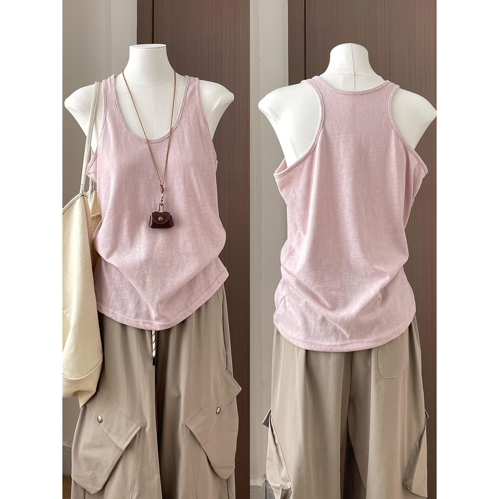 Pink Loose-Fitting Tank Top for Women, Summer Breathable U-Neck Slimming Korean Style Lazy Style Outerwear Camisole