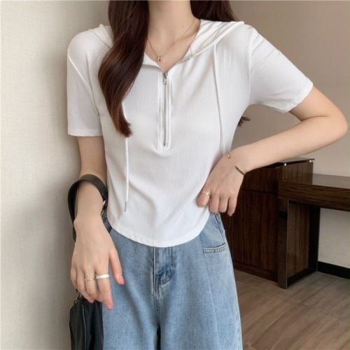 Ice Silk T-Shirt Women's New Korean-style Slim-fit Zipper Hoodie Casual Design Short Top Short-sleeved Ins