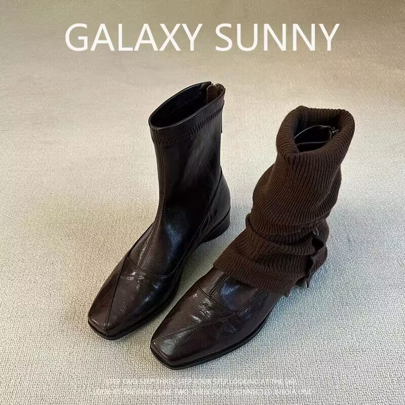 Retro Square-Toe Short Boots with Back Zipper, Stylish Chunky Heel, Stretchy Slim-Fit Boots for Women, Martin Boots, Non-Stop Sales during Spring Festival, Slim-Fit Boots