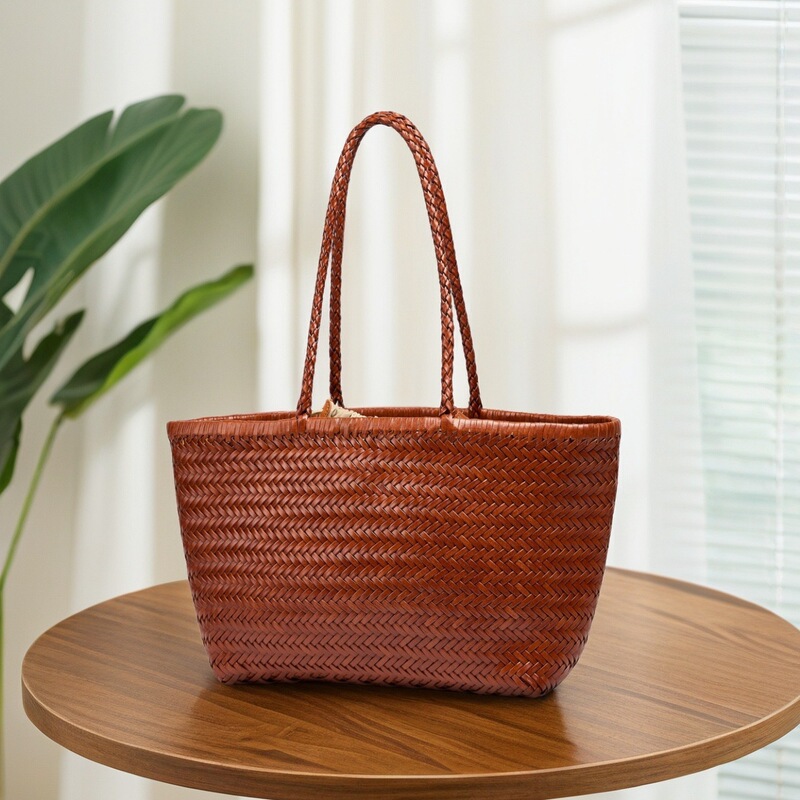 Dragon-Style Woven Bag, Genuine Leather Handbag, French Retro Basket Bag, Large Capacity Women's Shoulder Bag