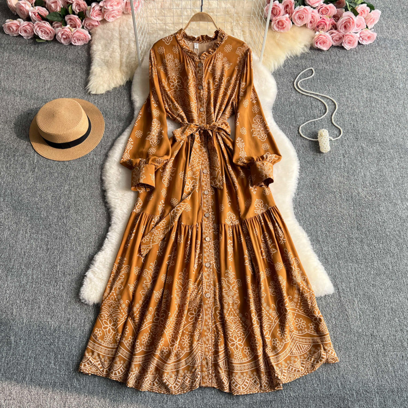 Vintage Printed Lapel Tie Ruffle Dress for Women, Long-Sleeved, Waist-Cinching, Slimming A-Line Long Dress for Commuting Vintage Printed Lapel Tie Ruffle Dress for Women, Long-Sleeved, Waist-Cinching, Slimming A-Line Long Dress for Commuting
