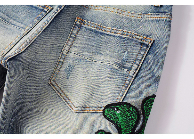 boy European And American High Street Fashion Ripped Jeans Vintage Washed Snake Embroidery Patch Hip Hop Skinny Pants Men's_viptrois.com