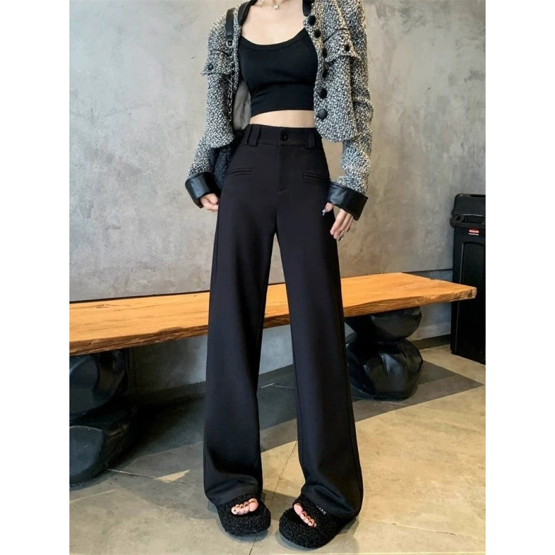 Черные широкие брюки для женщин весна-лето 2025, новые костюмные брюки, высококачественные драпированные, грушевидные, узкие, прямые брюки
