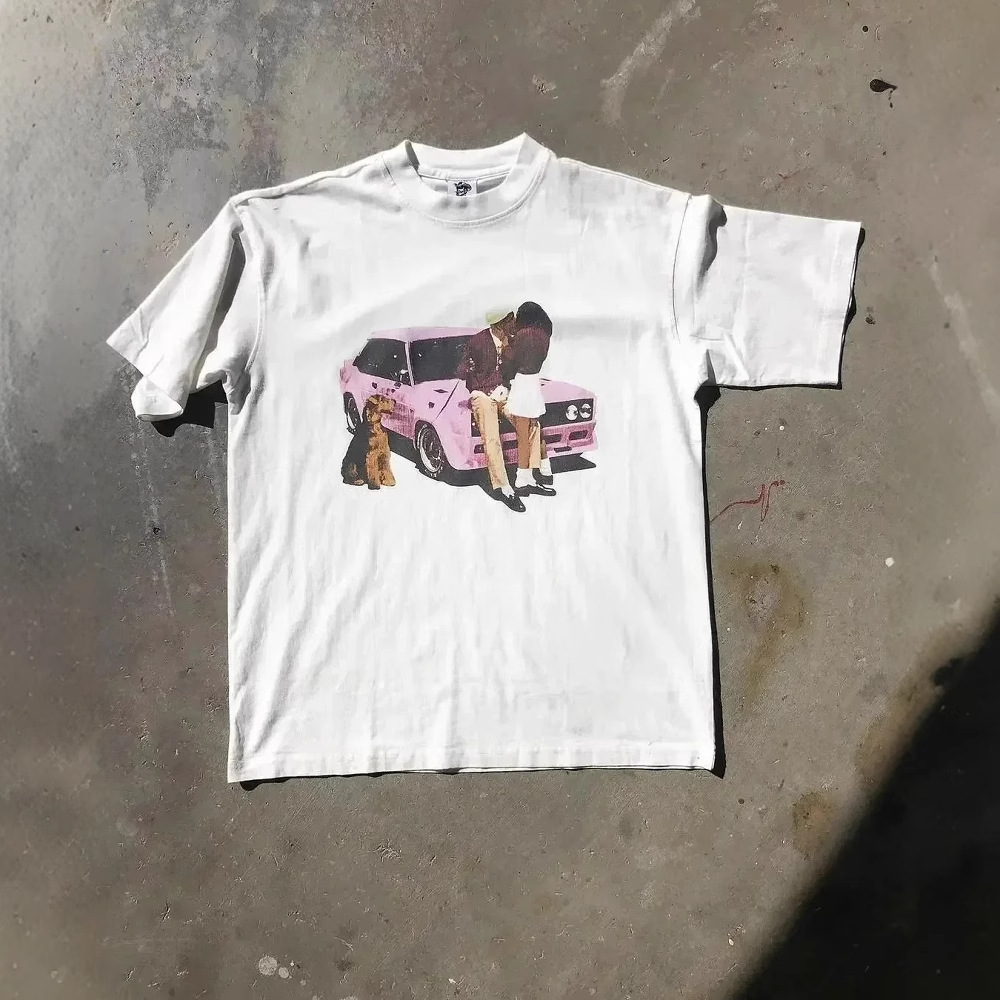 Korean Style Simple Niche Design Cartoon Long Printed Cotton T-Shirt Men's Hip-Hop Harajuku Y2K Loose Couple Top