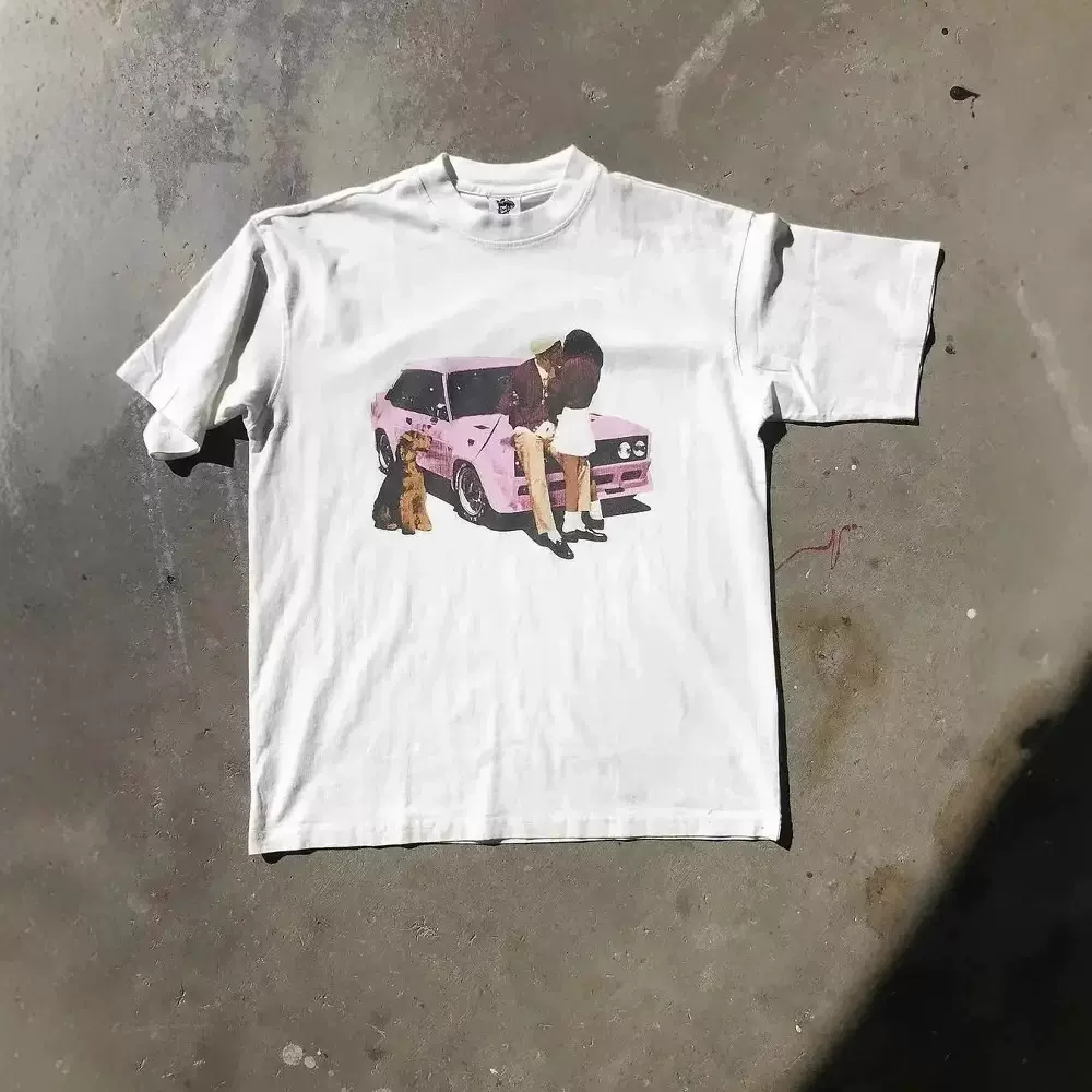 韩版简约小众设计卡通长款印花棉T恤男士嘻哈原宿y2k宽松情侣上衣