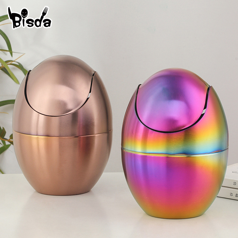 304 Stainless Steel Egg-Shaped Garbage Storage Bucket Cute Household Desktop Desk with Lid Swing Storage Box