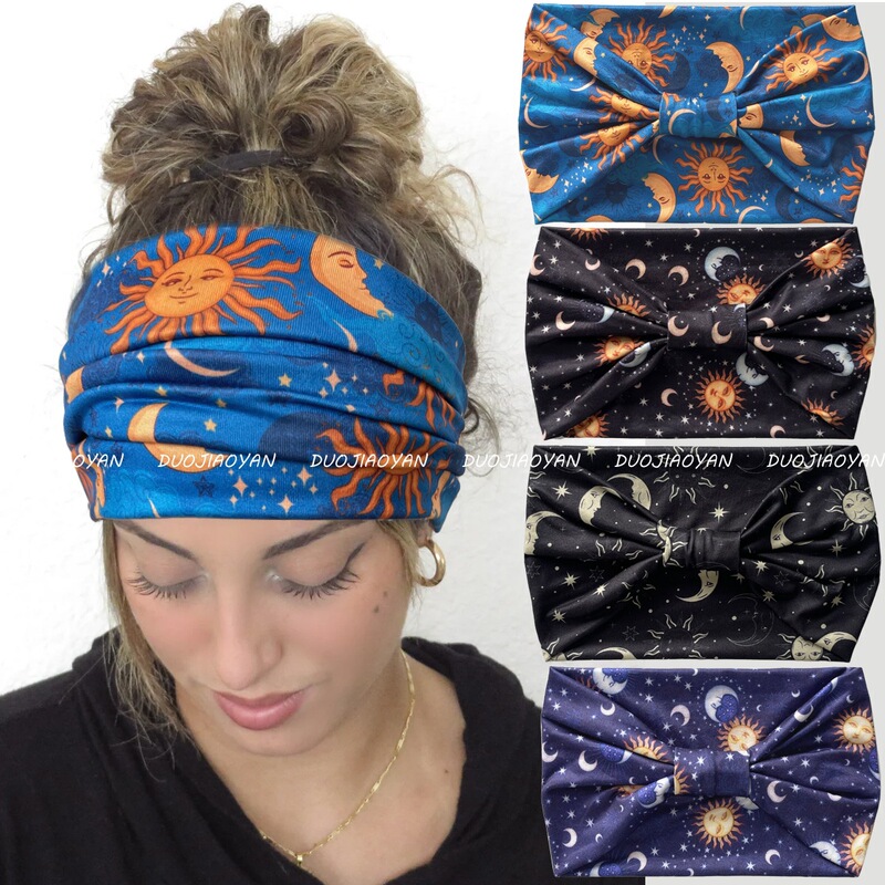 Cross-Border Amazon Sun and Moon Printed Headband Fashionable Elastic Wide-Brim Headband Sports Yoga Headband Ready in Stock