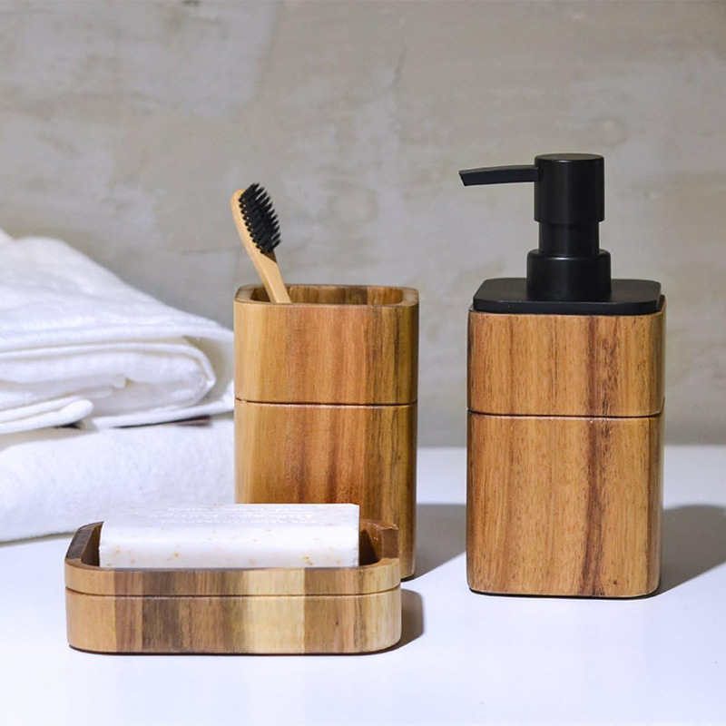Wooden toothbrush holder, four-piece bathroom set, home bathroom hand sanitizer, creative toiletry storage box tray
