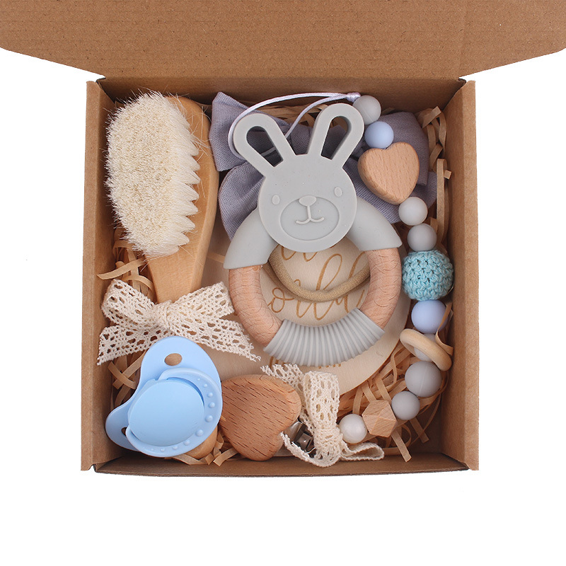 Caja de regalo para recién nacidos transfronteriza, chupete de mordedor de conejo, cadena de chupete de lazo hecha a mano, calma al bebé