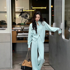 ZQ子晴 绿影柔裳＇薄荷绿罗纹立领毛衣女秋新款慵懒风休闲裤套装