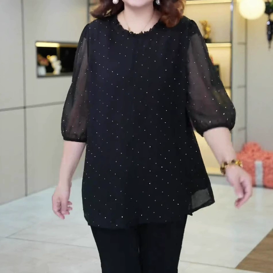 Новая летняя свободная рубашка из шифона в горошек больших размеров 125kg для мам.