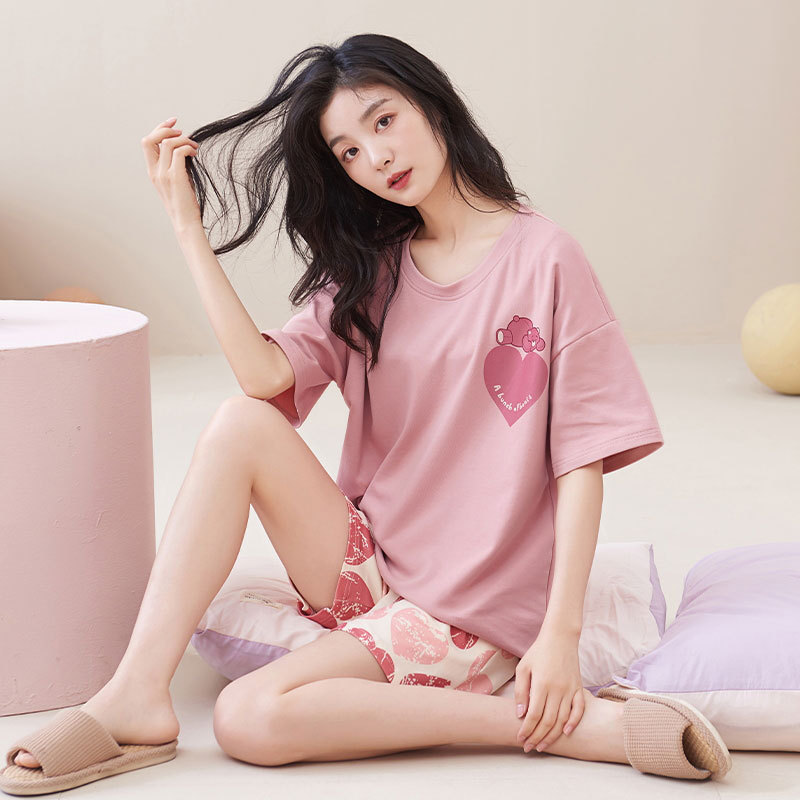 Factory Wholesale Love Pajamas Women's Short-Sleeved Shorts Summer Cotton New Products Young Ladies Home Clothes Set Printed Thin Style