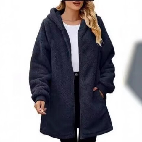 US/European Winter Independent Station Loose Plush Women's Long Sleeve Hooded Zipper Cardigan Coat