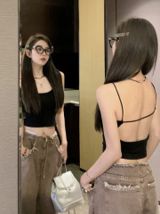 帶胸墊小吊帶打底露背背心女秋冬季辣妹內搭外穿短款美背黑色上衣