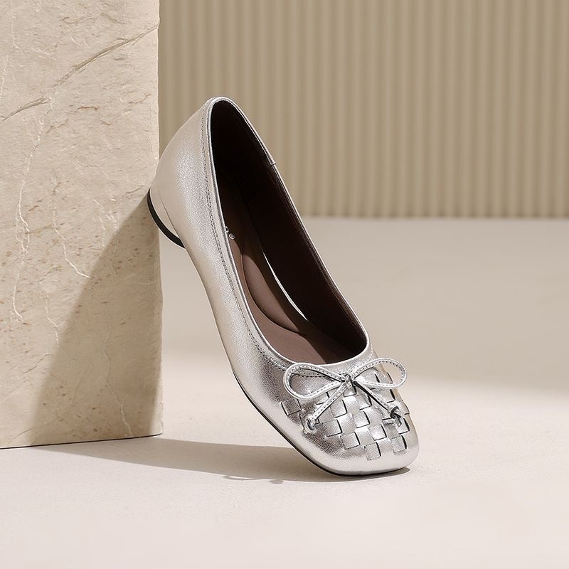 编织豆豆鞋低跟软底单鞋法式蝴蝶结浅口平底2025时尚新款芭蕾鞋女