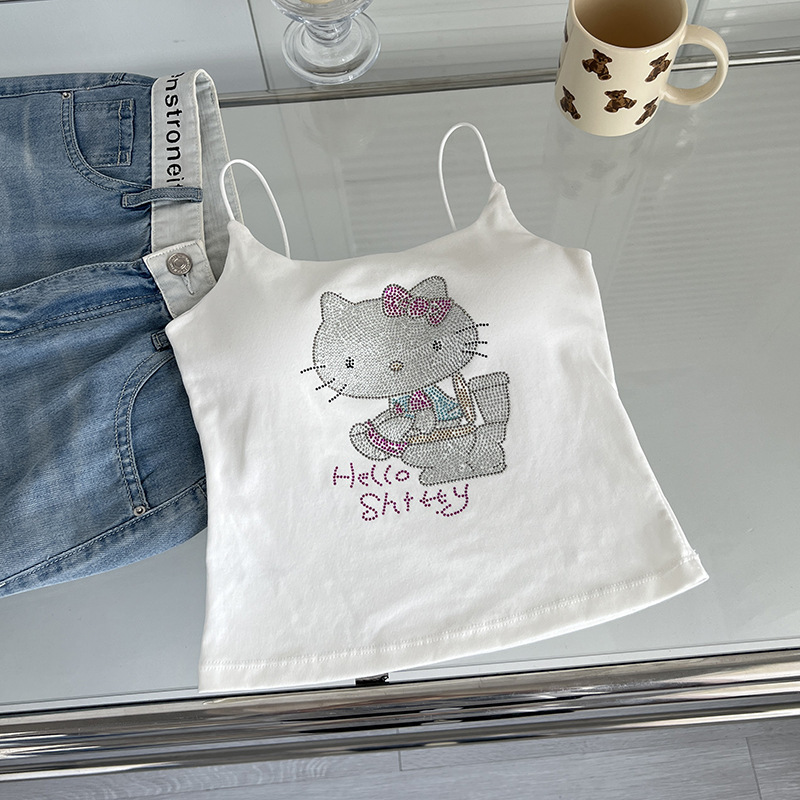 辣妹猫咪烫钻小众美背吊带背心女夏季带胸垫内搭外穿无袖打底上衣|undefined