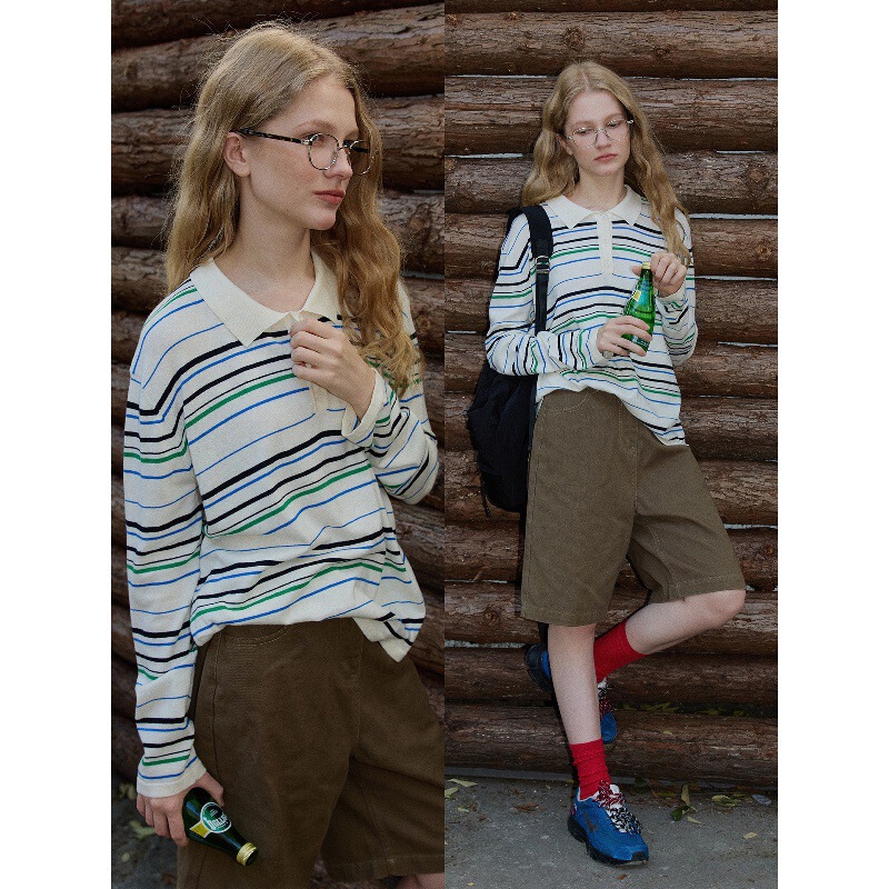 [Breathable] Pure Cotton Contrast Color Striped Polo Collar Long Sleeve Women's Early Autumn Casual Versatile Knit Top