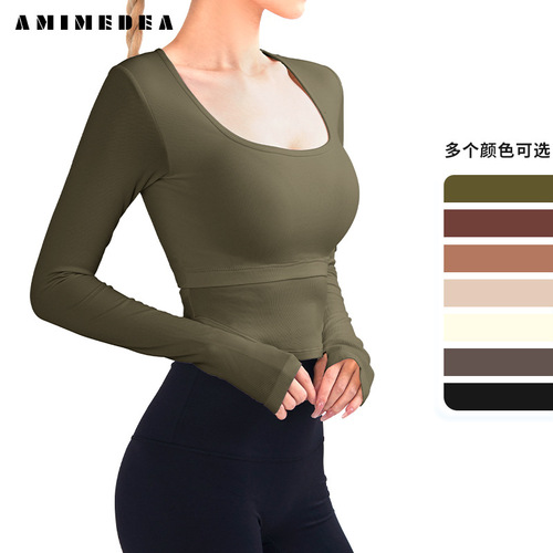  new autumn and winter short yoga clothes with chest pads and back-beautiful fitness long-sleeved U-neck running sports tops