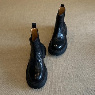 cowhide version! Martin Boots Women's 2024 New British Style Genuine Leather Round Toe Short Boots Thick Bottom Slimming Chelsea Boots