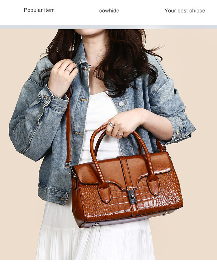 Elegant Crocodile-Pattern PU Shoulder Bag – Vintage-Inspired Medium Tote With Dual Straps & Zipper Closure_voghion.com