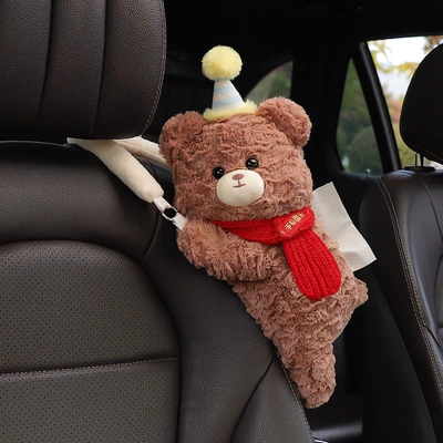 Car tissue box/set — Creative cartoon cute plush hanging tissue - hat-bear-safety-scarf-detachable