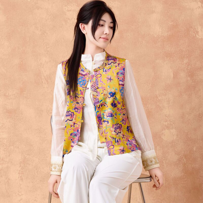新中式国风无袖外穿马甲女花边单排扣复古宽松高级感甜美上衣开衫|undefined