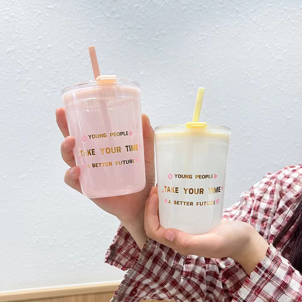 마카롱 젤리 유리 물 컵 만화 시리즈 붕규산 유리 컵 우유 컵 창조적 인 밀짚 컵