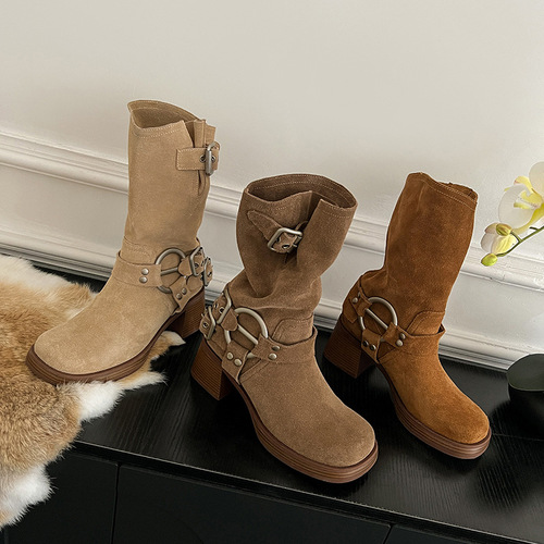 2024 New Summer Thin Western Cowboy Boots for Women, Thick Sole, Slimming Short Boots, Brown Mid-Calf Boots, Elegant Knight Boots