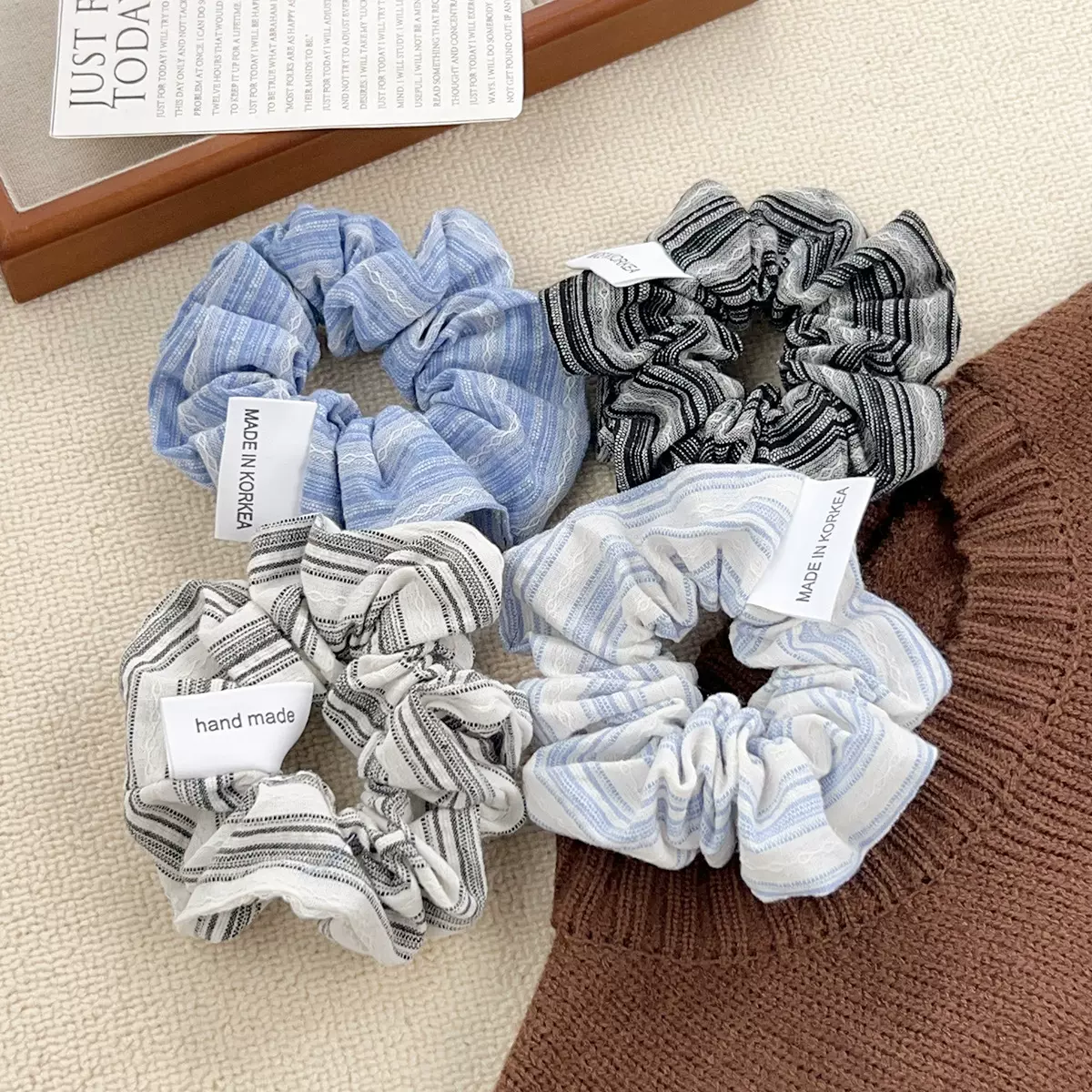 法式海盐蓝色系条纹大肠发圈发绳发饰韩系气质时尚扎发头绳皮筋