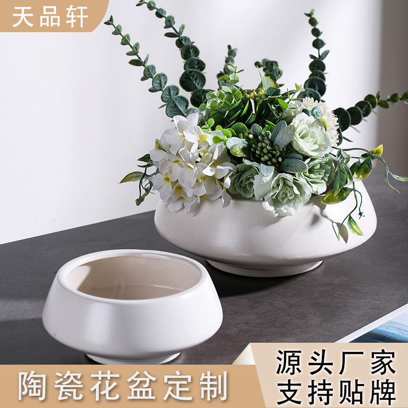 Nordic ceramic flower pot, large creative ornament for living room home decoration, white round plant container, custom wholesale