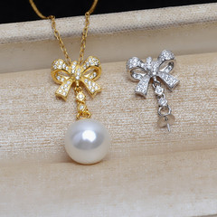 手工diy飾品配件S925銀蝴蝶結吊墜項墜女掛墜9-13珍珠空托JG5235