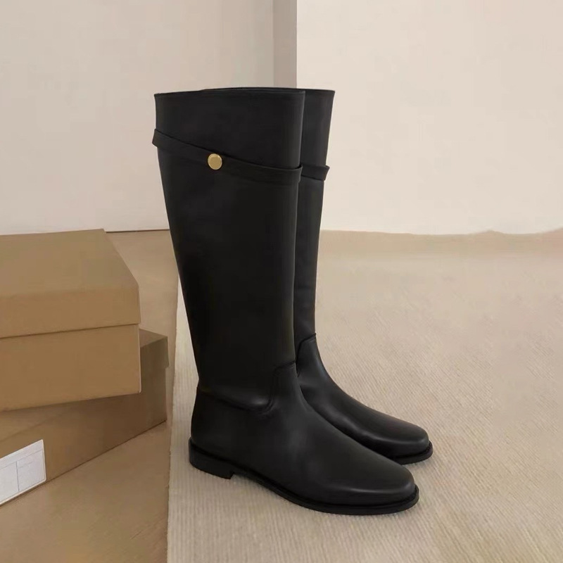 2025 Korean Style New Flats Chelsea High Boots Round Toe Straight Boots Genuine Leather Knight Boots Knee Boots Long Boots for Women