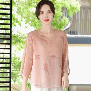 Mom's Summer Tencel Large Size Tops for Middle-Aged and Elderly Women's Loose Belly-Covering Shirts Fashion Suits