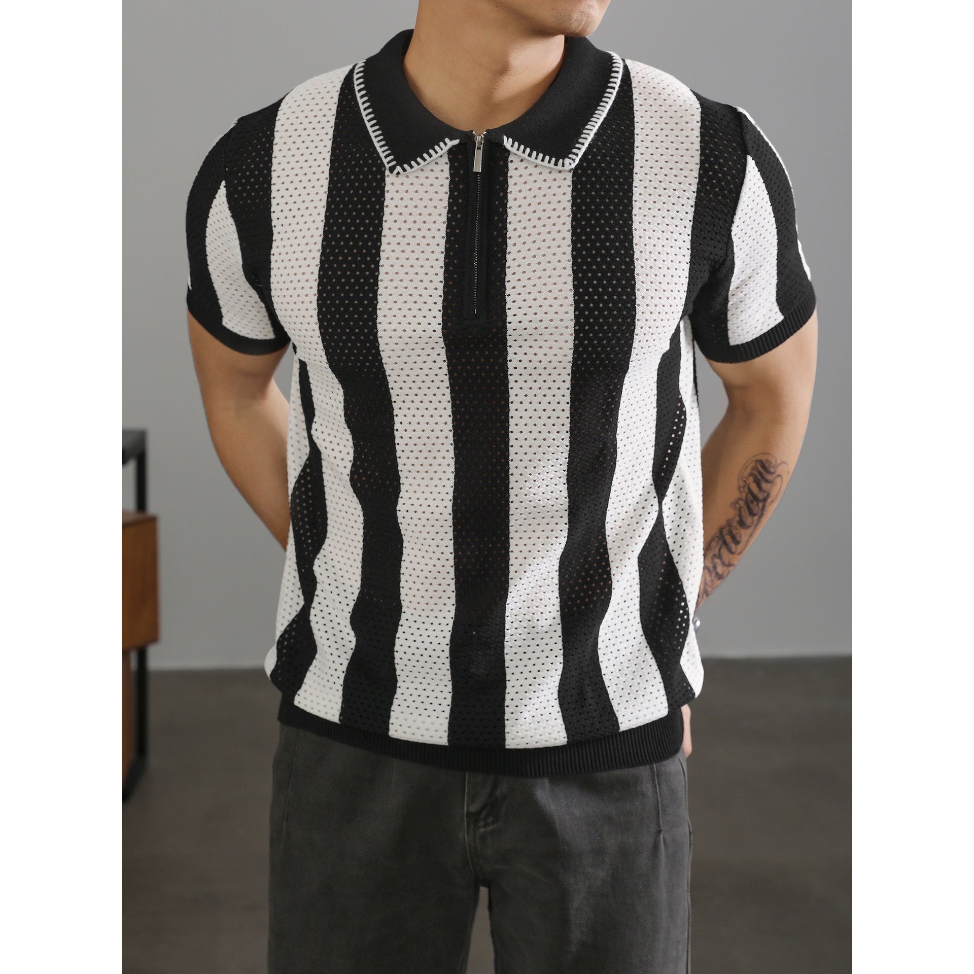 POLO camisa solapa suéter de manga corta hombres rayas huecas media cremallera negocios británicos verano comercio exterior transfronterizo al por mayor