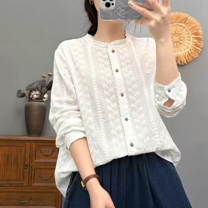 2025 Spring Shirt Women's Collar Lace Embroidered Shirt Loose Jacquard Top Long Sleeve Top Hollow Cotton