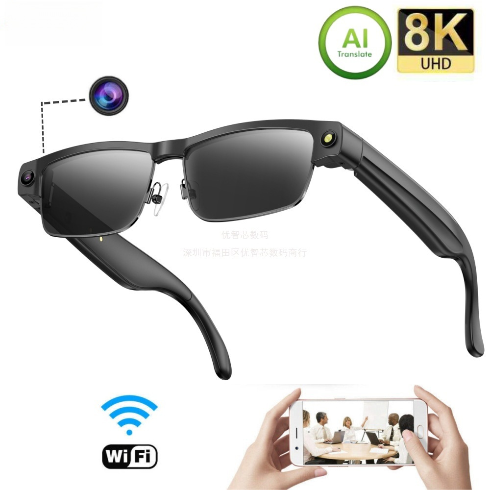 Gfas de color Bluetooth inteligentes con marco de metal, teléfono Bluetooth, música, 8 megapíxeles, fotografía, video, traducción global