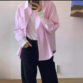 粉色条纹衬衫女2024早春新款法式小众设计感开衫衬衣防晒外套上衣