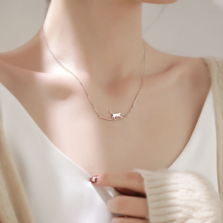 Asahi Kitten Necklace Women's Ins Trendy High-End Simple Cat Step Curved Clavicle Chain Small Fresh and Cute Neck Necklace