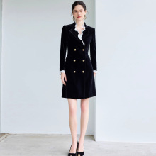 AD黑色丝绒连衣裙2024新款女秋冬高级设计感接拼木耳边西装裙正装