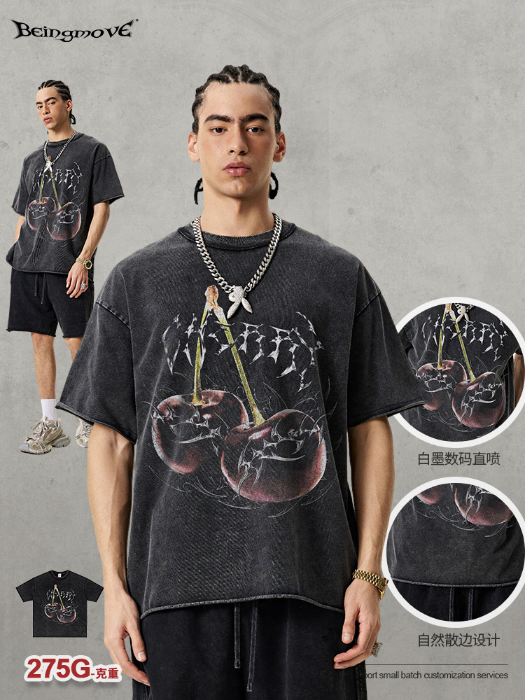 Calle secada| Nueva marca de marea americana retro negro metal viento camiseta lavado con agua hacer viejo suelto caer hombro manga corta hombre