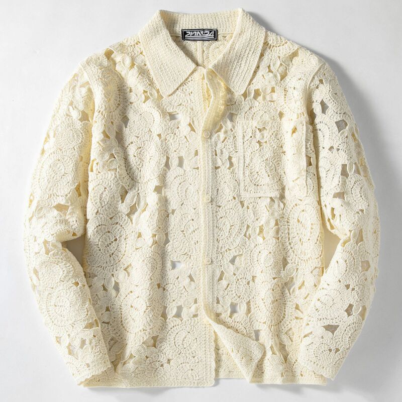 Spring and Autumn New Style Heavy-Duty Crochet Hollow-Out Knitwear Men's Turn-Down Collar Long-Sleeve Cardigan Foreign Trade Men's Clothing Wholesale Sy0129