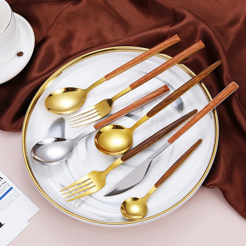 Amazon Imitation Wooden Handle Stainless Steel Steak Knife and Fork Retro Portuguese Western Food Tableware Set Dessert Spoon and Fork